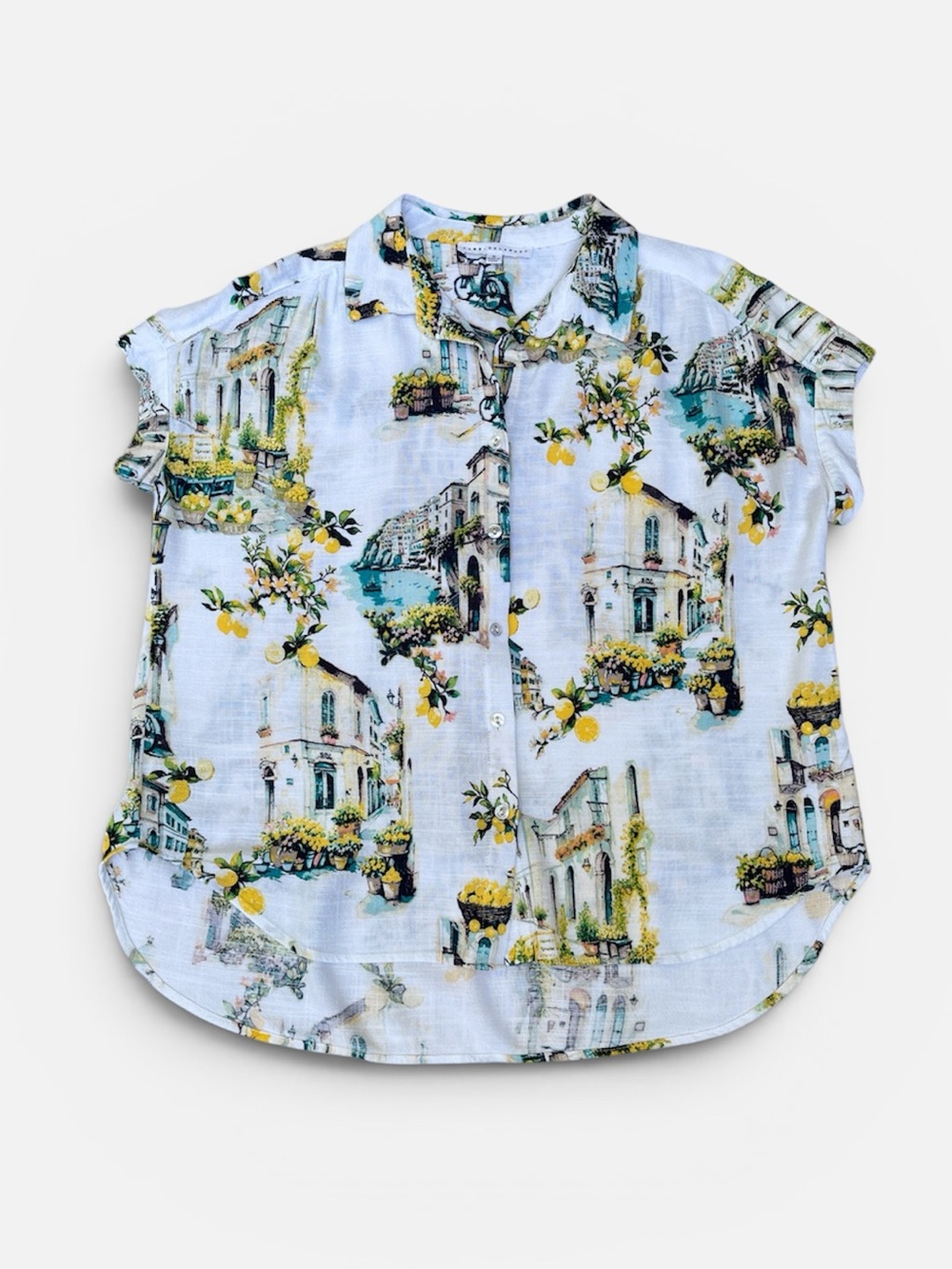 Jane & Delancey Italian Amalfi Coastal Lemon Print Short Sleeve Blouse M
